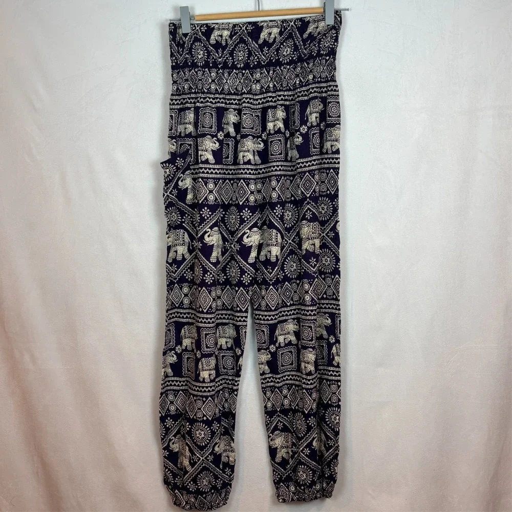 Womens Boho Rayon Elephant‎ Print Purple White Jogger Pants One Size Fits Most
